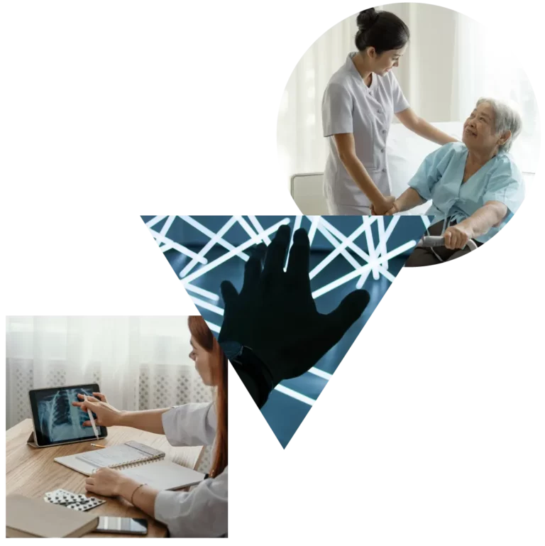 Diagonal Shapes - doctor tablet hand reaching patient nurse