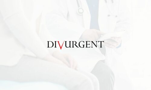 Divurgent logo on overlaid on low transparency image of doctor and patient