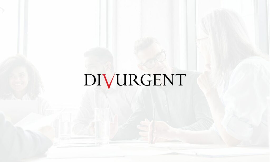 Divurgent logo on overlaid on low transparency image of people talking at a table