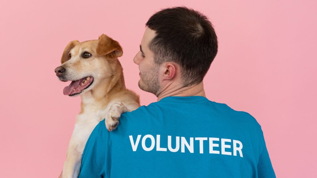 man wearing a blue volunteer shirt and holding a dog