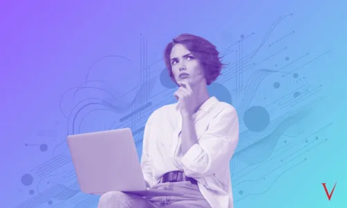 confused woman with laptop, index finger to chin, on blue gradient background with abstract shapes