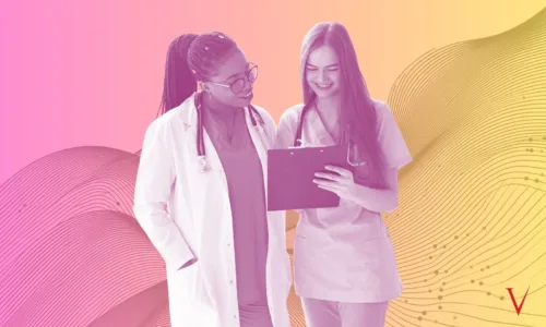 doctor and nurse talking and looking at a clipboard, abstract background gradient from pink to yellow with flowing lines