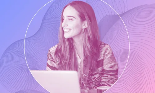 woman using a computer, gradient background, abstract wavy lines