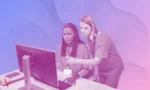 nurses at computer, duotone, gradient background with line pattern