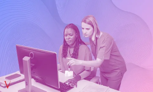 nurses at computer, duotone, gradient background with line pattern
