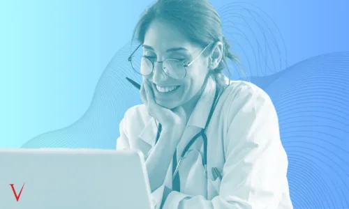 nurse looking at laptop, abstract wave lines in background
