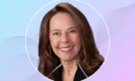 Smiling woman portrait in a circular frame against a pastel gradient background with abstract lines (professional headshot).