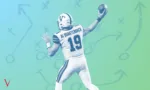 Football quarterback wearing number 19 leaps to catch a ball against a teal-to-green gradient background with Xs and play diagrams subtly in the background, symbolizing strategy.