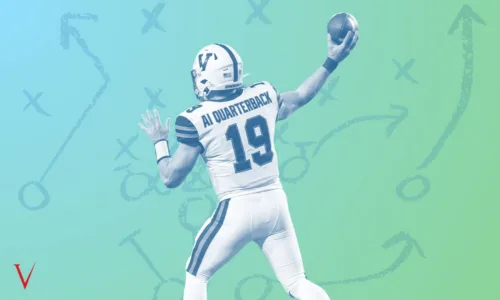 Football quarterback wearing number 19 leaps to catch a ball against a teal-to-green gradient background with Xs and play diagrams subtly in the background, symbolizing strategy.