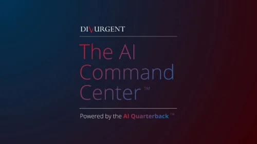 Brand banner showing the DIVURGENT logo and the title 'The AI Command Center' over a blue‑to‑red gradient background.