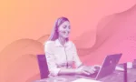 call center woman at laptop, orange gradient background