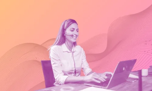 call center woman at laptop, orange gradient background