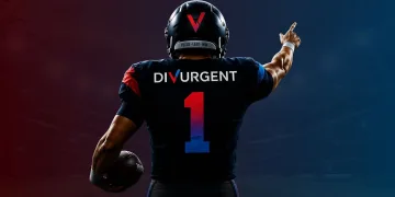 Athlete seen from behind in a dark football jersey with number 1 and 'DIVURGENT', raising his right arm while holding a ball in his left hand.