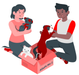 cartoon of woman and man playing with adopted puppies