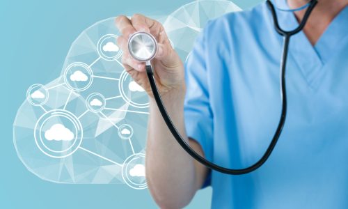 person with stethoscope in front of a technology cloud