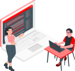 cartoon of woman teaching man coding