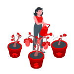 cartoon of woman watering wealth plants