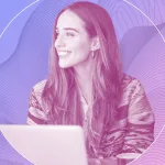 woman using a computer, gradient background, abstract wavy lines