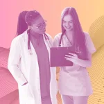 doctor and nurse talking and looking at a clipboard, abstract background gradient from pink to yellow with flowing lines