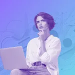 confused woman with laptop, index finger to chin, on blue gradient background with abstract shapes