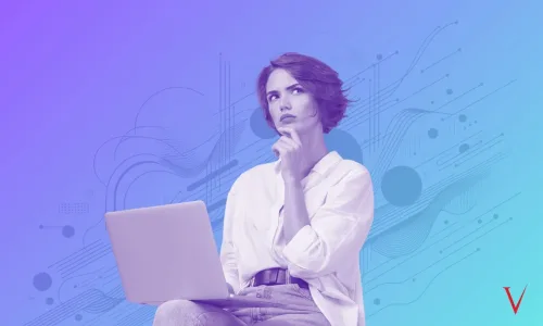 confused woman with laptop, index finger to chin, on blue gradient background with abstract shapes