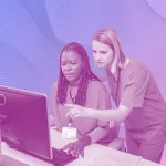 nurses at computer, duotone, gradient background with line pattern