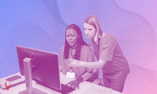 nurses at computer, duotone, gradient background with line pattern