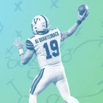 Football quarterback wearing number 19 leaps to catch a ball against a teal-to-green gradient background with Xs and play diagrams subtly in the background, symbolizing strategy.