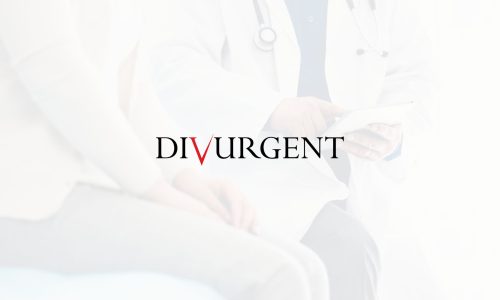 Divurgent logo on overlaid on low transparency image of doctor and patient