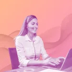 call center woman at laptop, orange gradient background