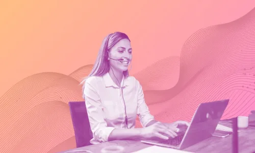call center woman at laptop, orange gradient background