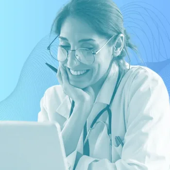 nurse looking at laptop, abstract wave lines in background