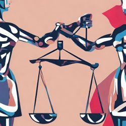 two AI robots holding scales of justice