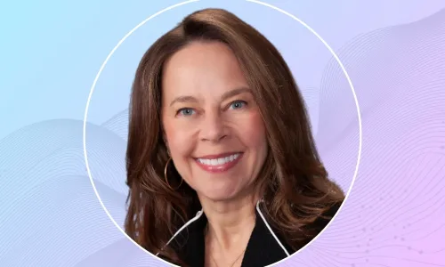 Smiling woman portrait in a circular frame against a pastel gradient background with abstract lines (professional headshot).