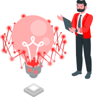 cartoon of man analyzing a lightbulb