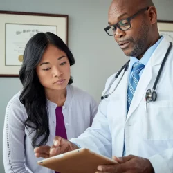 doctor shows woman ipad in office